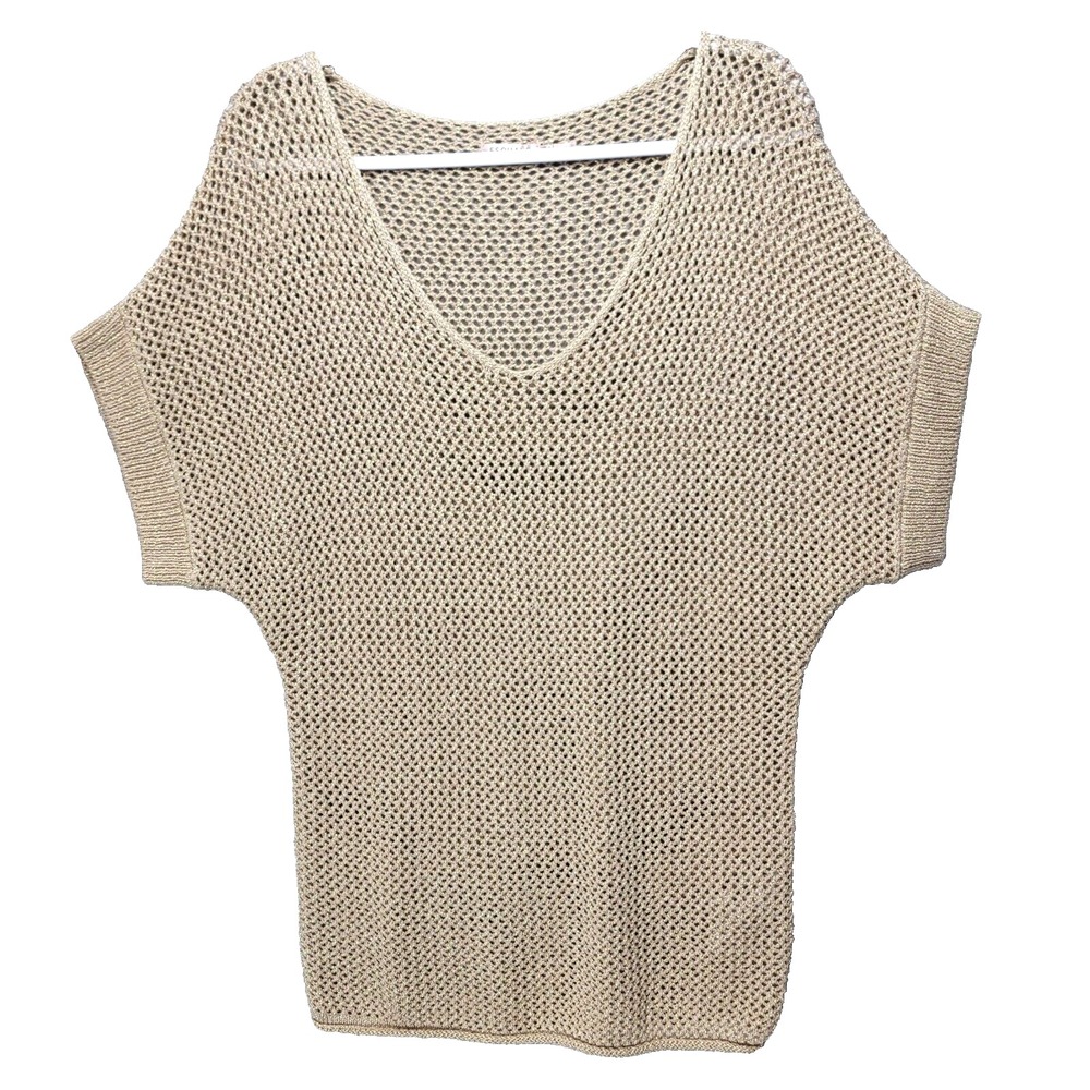 Esqualo Top Womens M Mesh‎ Beige Metallic Gold Sheer Stretch Knit Neutral Beachy